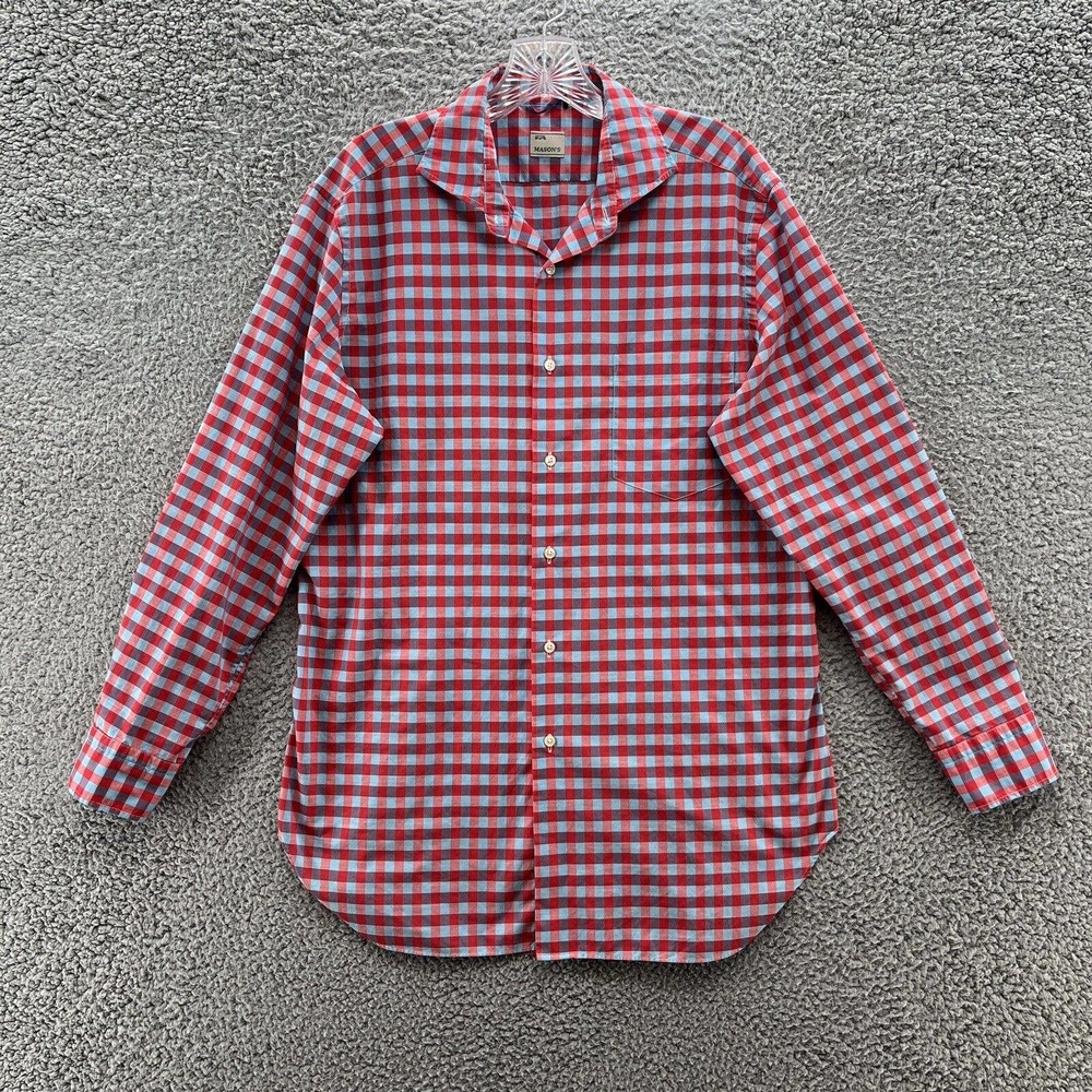 Masons Shirt Mens Medium Red Blue Plaid Long Sleeve‎ Cotton Button Up